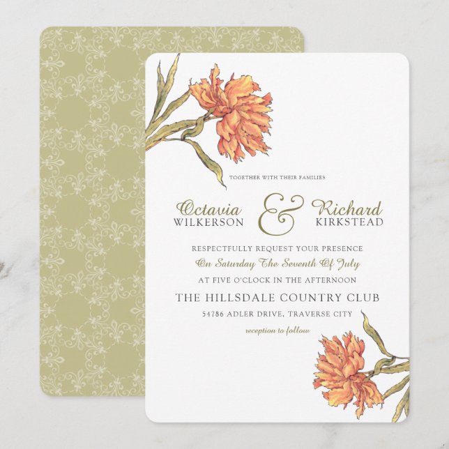 Invitación a la boda floral de Peach Peony (Anverso / Reverso)