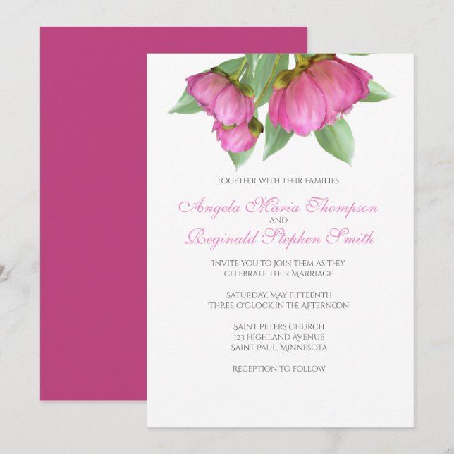 Invitación a la boda floral de Peonies (Anverso / Reverso)