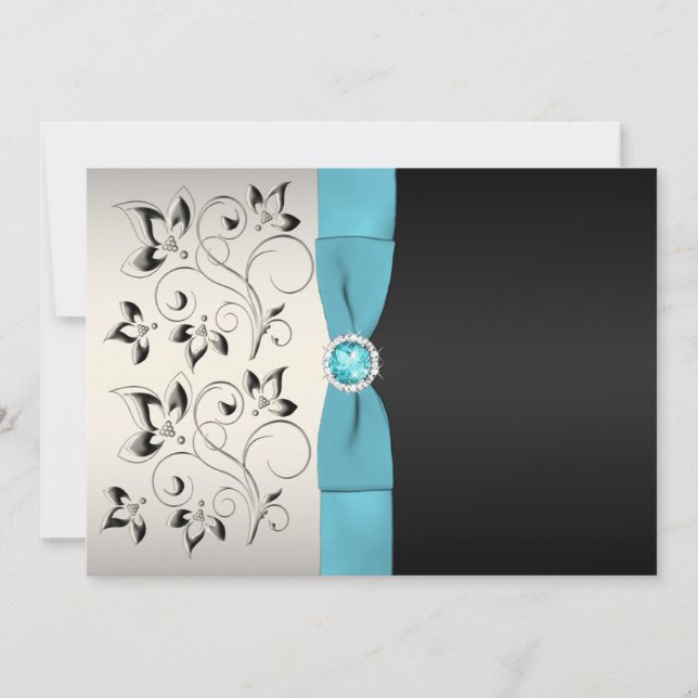 Invitación a la boda floral de plata, agua y negro (Anverso)