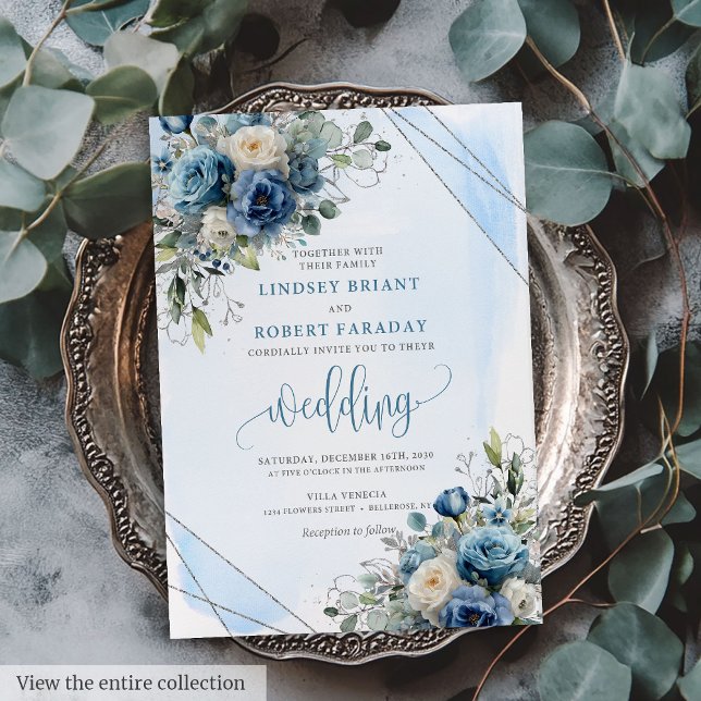 Invitación a la boda floral de plata azul turquesa (Rustic Dusty Blue Silver Floral Wedding Invitation)