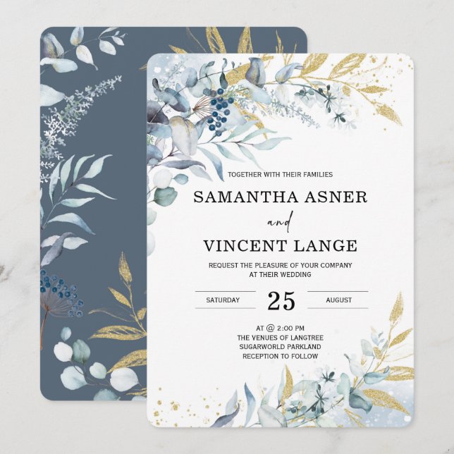 Invitación a la boda floral de plata blanca azul r (Anverso / Reverso)