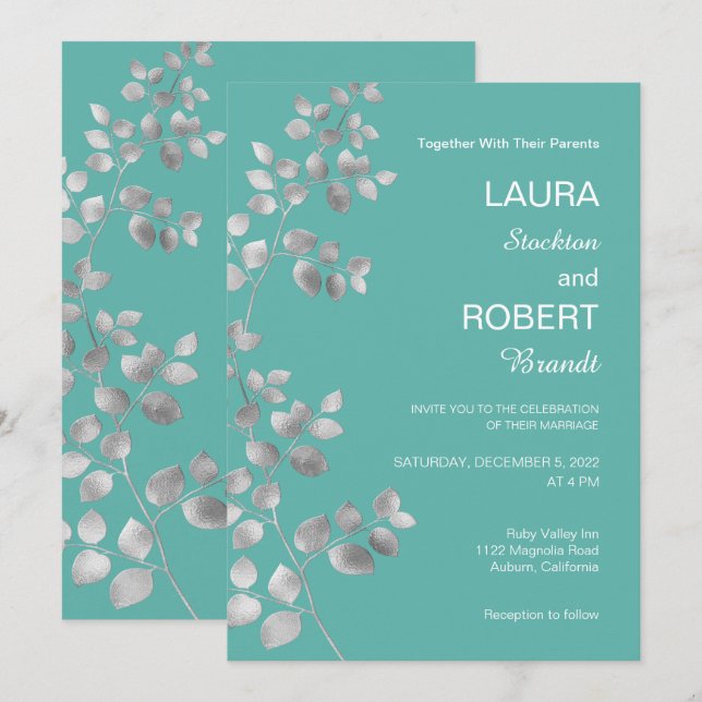 Invitación a la boda floral de plata moderna (Anverso / Reverso)