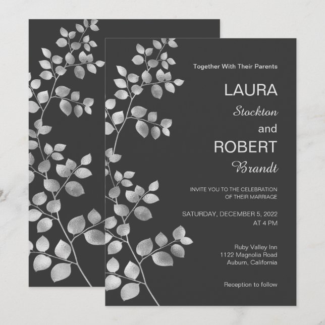 Invitación a la boda floral de plata moderna (Anverso / Reverso)