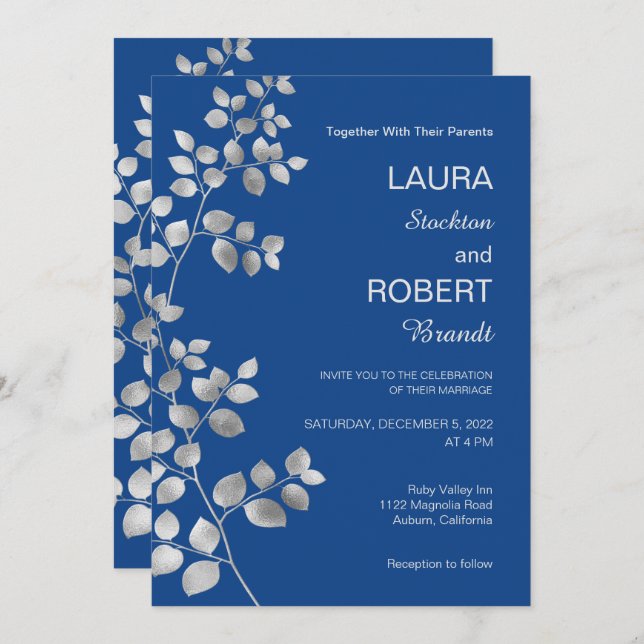 Invitación a la boda floral de plata moderna (Anverso / Reverso)
