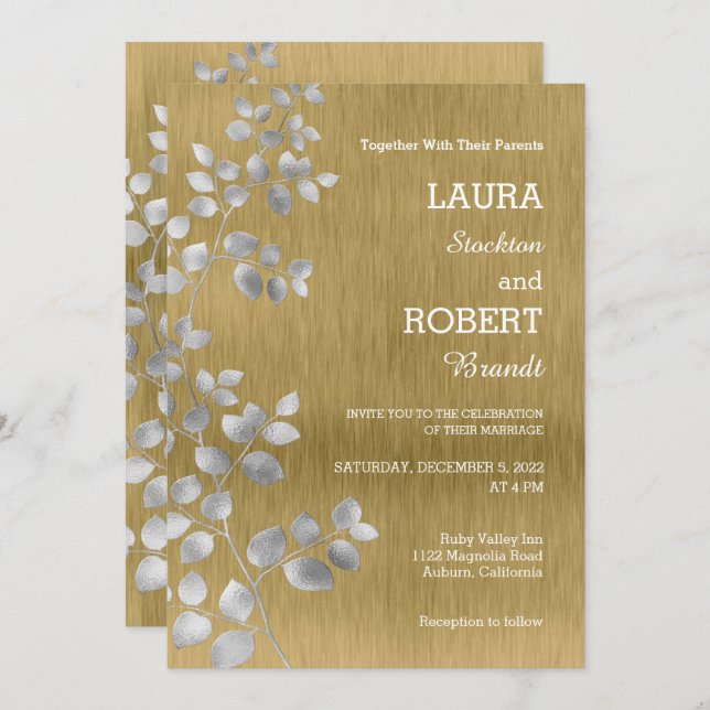 Invitación a la boda floral de plata y oro moderna (Anverso / Reverso)