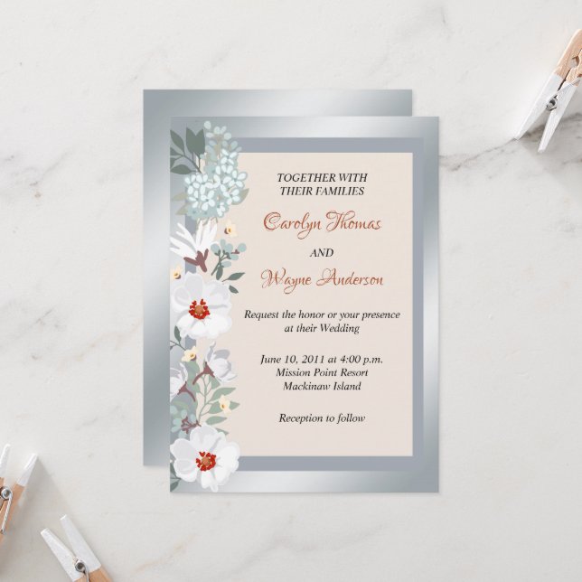 Invitación a la boda floral de plata y roya (Anverso/Reverso In Situ)