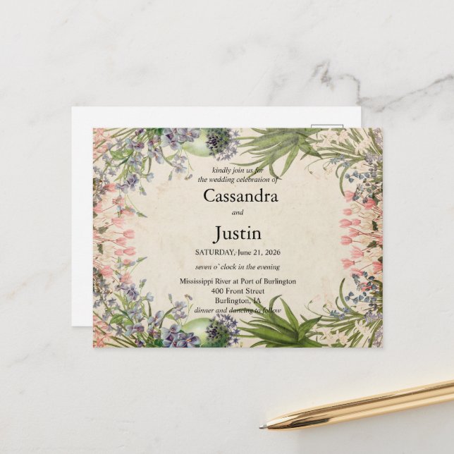 Invitación a la boda floral de primavera rosada (Anverso/Reverso In Situ)