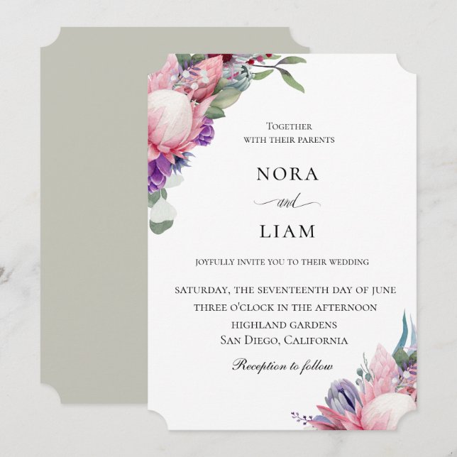 Invitación a la boda floral de protección exótica (Anverso / Reverso)