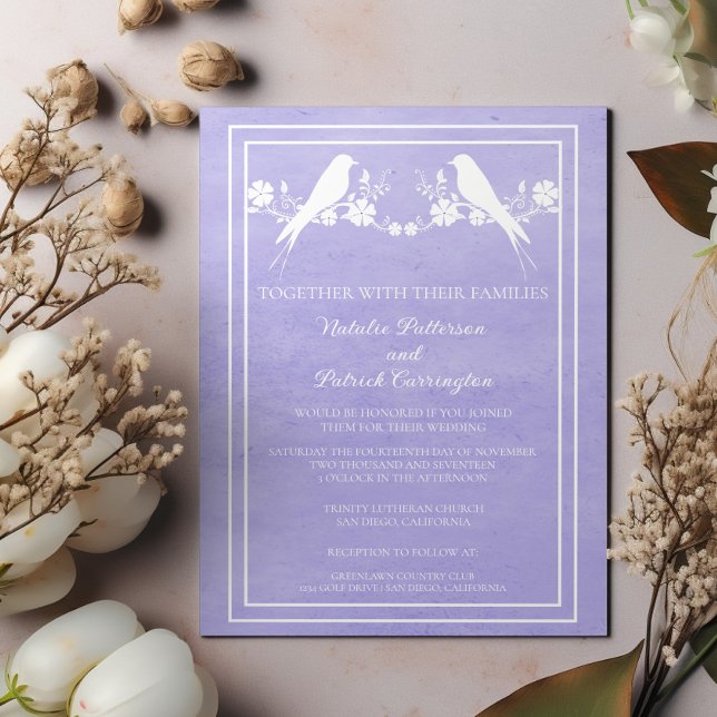 Invitación a la Boda Floral de Púrpura Ave Amarill (Purple Lovebird Floral Wedding Invitation)