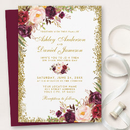 Invitación a la boda floral de Purpurina de oro de