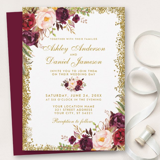 Invitación a la boda floral de Purpurina de oro de (Customize to change text color, style, add text & photos to back or change color of back of card.)