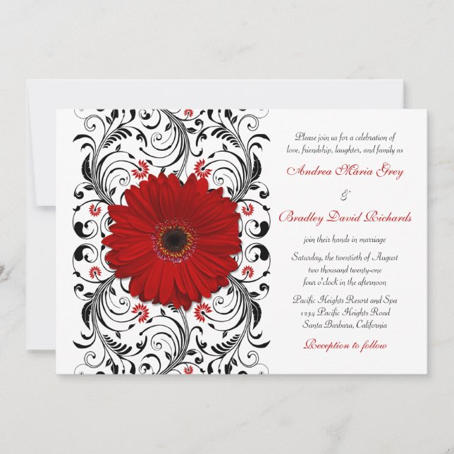 Invitación a la boda floral de Red Gerber Daisy Bl (Anverso)