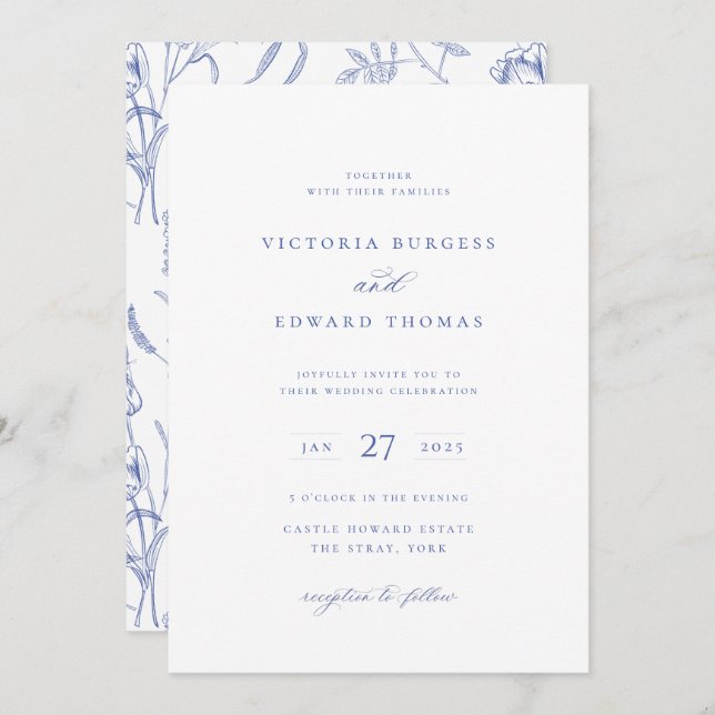 Invitación a la boda floral de Regency Blue (Anverso / Reverso)
