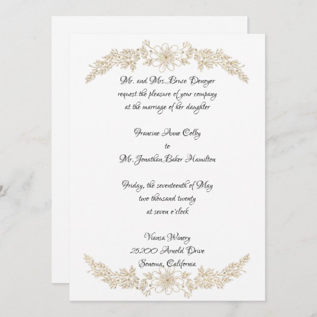 Invitación a la boda floral de Relieve metalizado  (Anverso / Reverso)