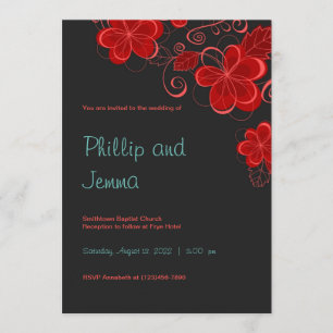 Invitación a la boda floral de retro negro y rojo