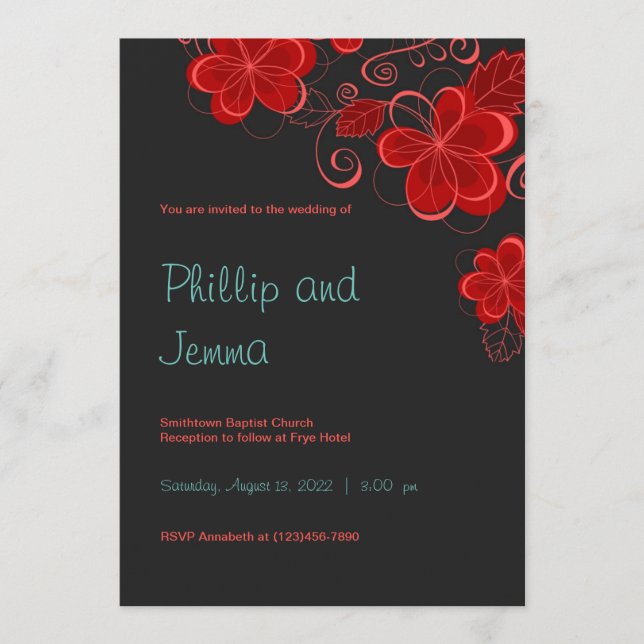 Invitación a la boda floral de retro negro y rojo (Anverso)