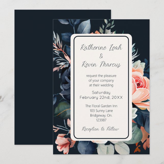 Invitación a la boda floral de Rosa con polvo azul (Anverso / Reverso)