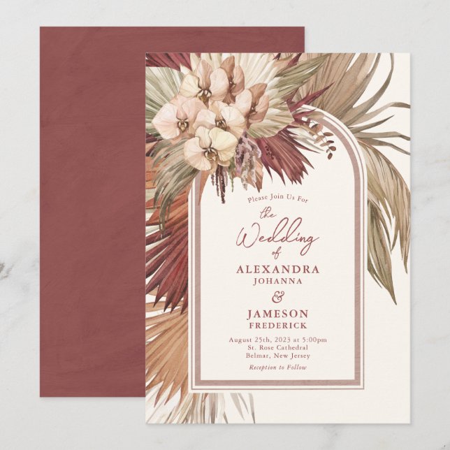 Invitación a la boda floral de Rosa de canela bohe (Anverso / Reverso)