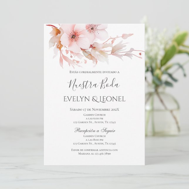 Invitación a la boda floral de Rosa en español (Anverso de pie)