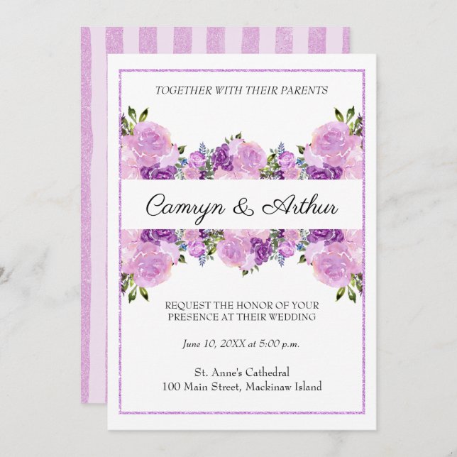 Invitación a la boda floral de Rosa Lavender (Anverso / Reverso)