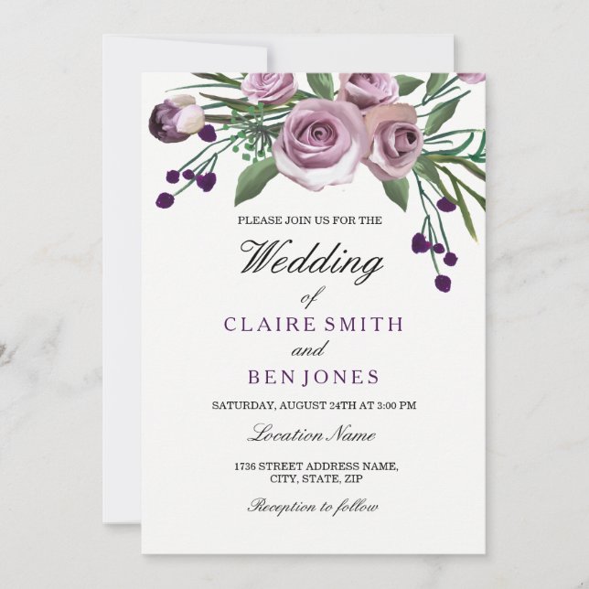 Invitación a la boda floral de Rosa púrpura de cir (Anverso)