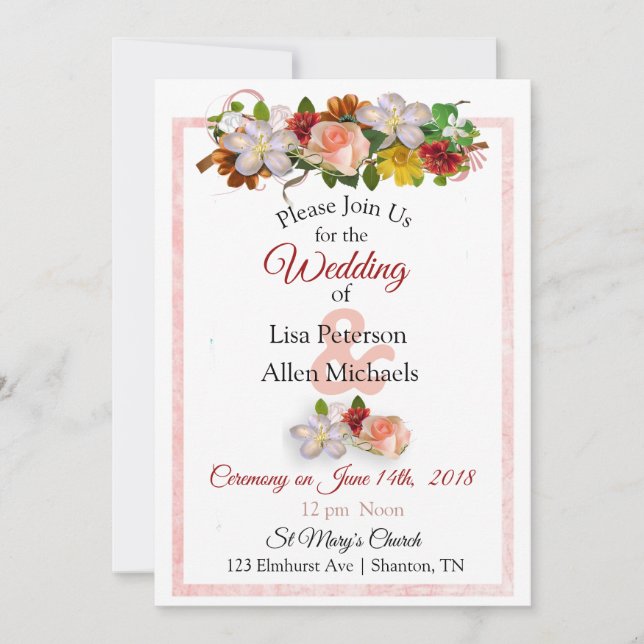 Invitación a la boda floral de Rosa y marrón de Ru (Anverso)