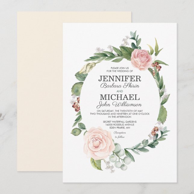 Invitación a la boda floral de Rosa y verde (Anverso / Reverso)