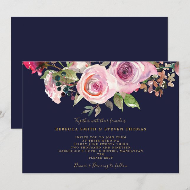 invitación a la boda floral de rosas morados de la (Anverso / Reverso)