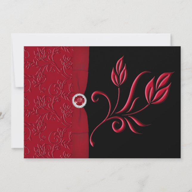Invitación a la boda floral de rubí, rojo y negro (Anverso)