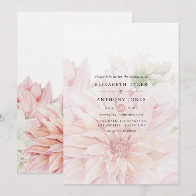 Invitación a la boda floral de Rubor Dahlias (Anverso / Reverso)