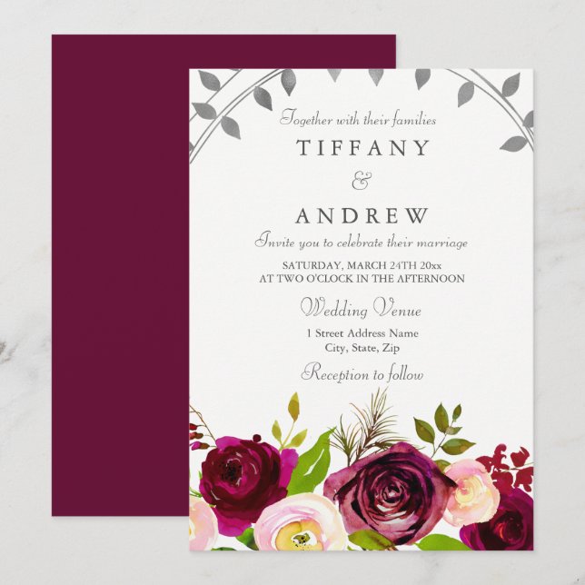 Invitación a la boda floral de Rubor y Borgoña (Anverso / Reverso)