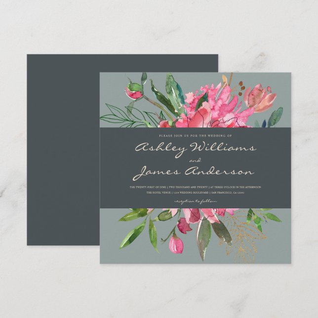 Invitación a la boda floral de Ruby Peony | Cuadra (Anverso / Reverso)