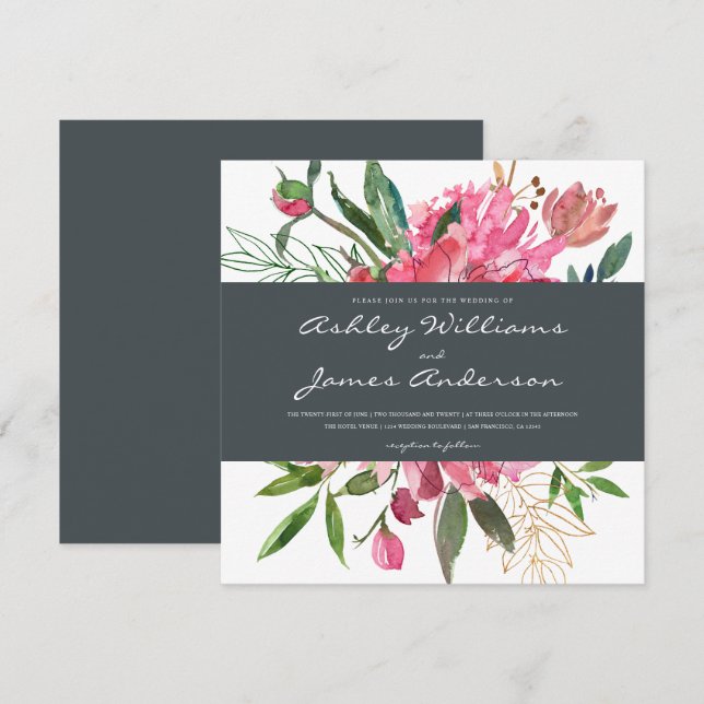 Invitación a la boda floral de Ruby Peony | Cuadra (Anverso / Reverso)