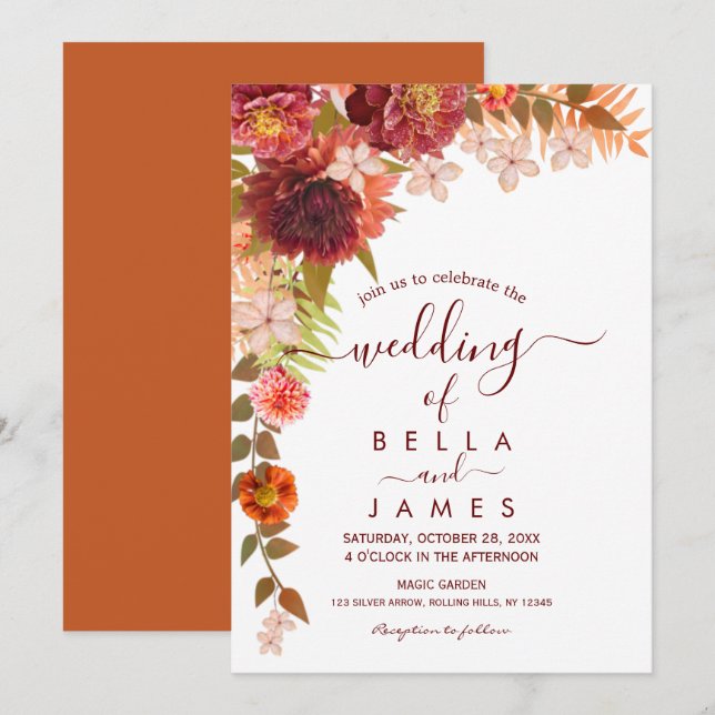 Invitación a la boda floral de Rust Terracotta Boh (Anverso / Reverso)