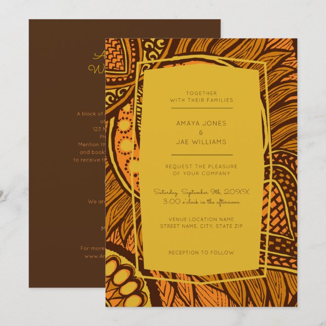 Invitación a la boda floral de un Naranja africano (Anverso / Reverso)