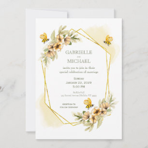Invitación a la boda floral de una abeja con burbu