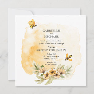 Invitación a la boda floral de una abeja con burbu