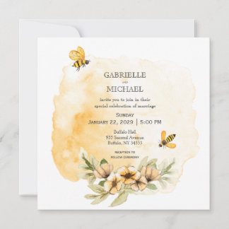 Invitación a la boda floral de una abeja con burbu