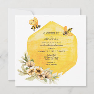 Invitación a la boda floral de una abeja con burbu