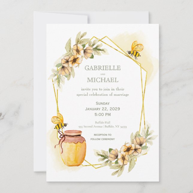 Invitación a la boda floral de una abeja con burbu (Anverso)