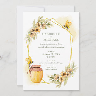 Invitación a la boda floral de una abeja con burbu