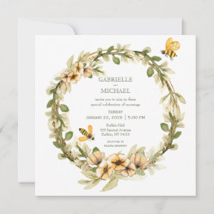 Invitación a la boda floral de una abeja con burbu