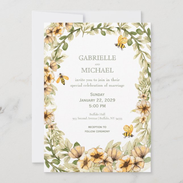 Invitación a la boda floral de una abeja con burbu (Anverso)