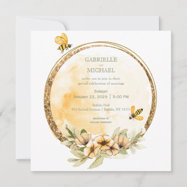 Invitación a la boda floral de una abeja con burbu (Anverso)