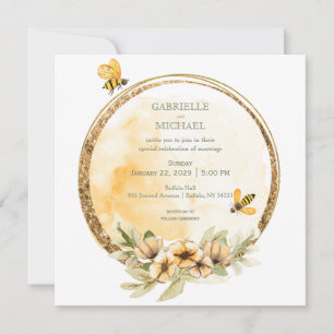 Invitación a la boda floral de una abeja con burbu