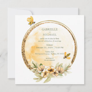 Invitación a la boda floral de una abeja con burbu