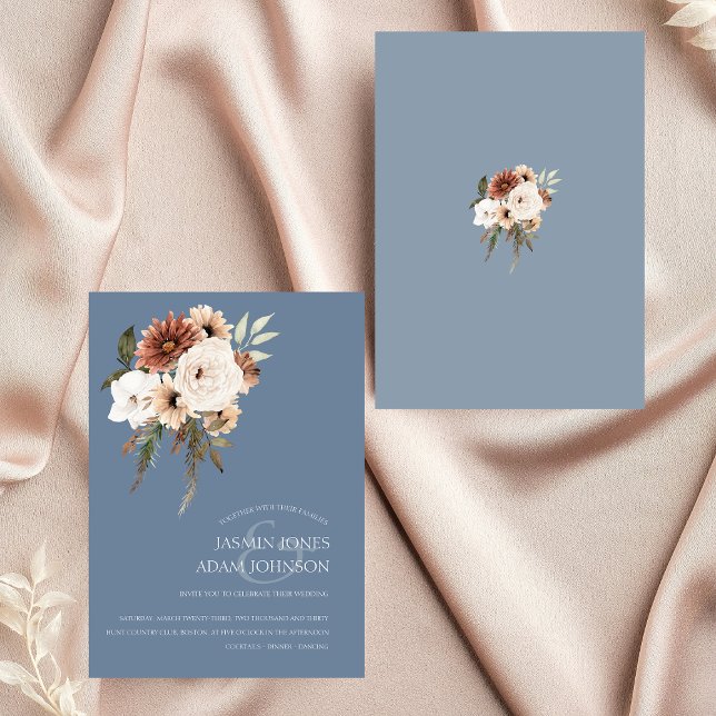 Invitación a la boda floral de una dura cuchara az (Elegant Dusty Blue Peach Floral Wedding Invitation)