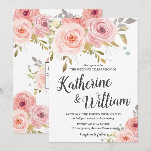 Invitación a la boda floral de venado rosa Rubor (Anverso / Reverso)