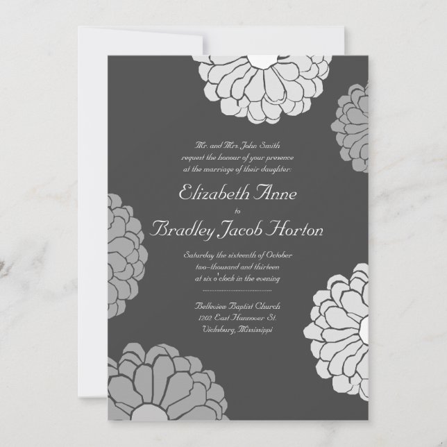 Invitación a la boda floral de zinnia gris (Anverso)