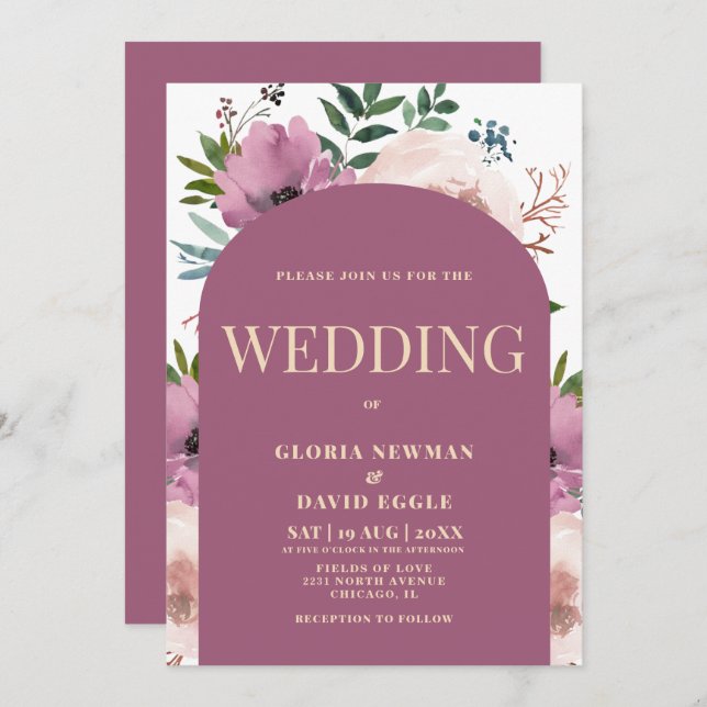 Invitación a la boda floral del Arco de Pluma Mode (Anverso / Reverso)